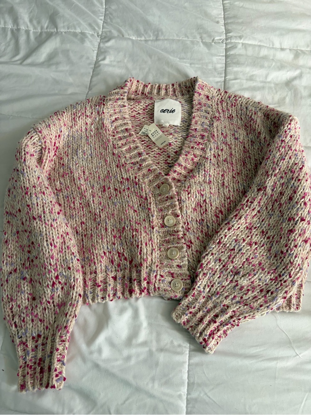 aerie Cream and Pink Speckled Cropped Button Cardigan